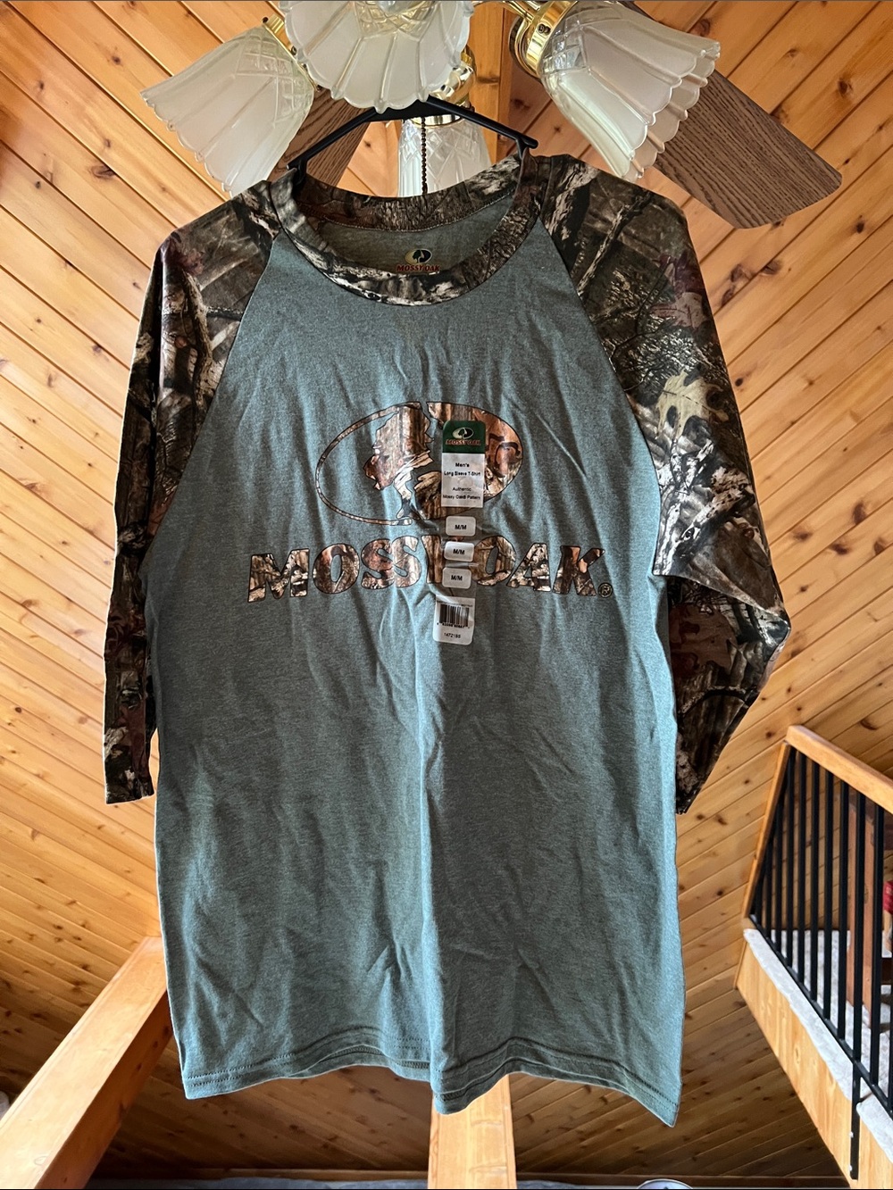 Mossy Oak Men's Green Shirt with Camo Raglan Sleeves
